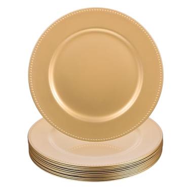 Imagem de Neyauo Pacote com 12 placas de carregamento douradas de 33 cm de plástico com contas decorativas de contas douradas, carregadores de jantar reutilizáveis para casamento, festa, evento de bufê