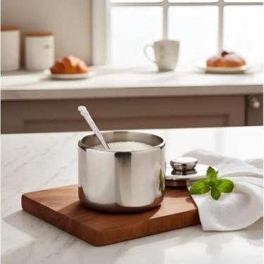 Imagem de Açucareiro de Aço Inox com Colher 200ml – Tampa com Abertura para Utensílio, Design Moderno para Cozinha, Mesa e Café