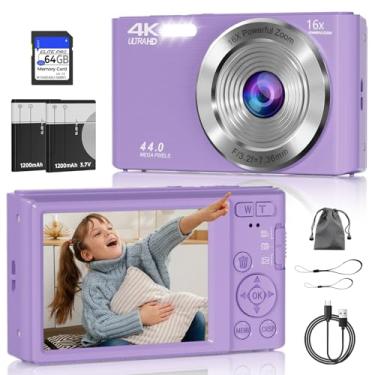 Imagem de Câmera digital pequena para fotografia, câmeras digitais de apontar e fotografar com FHD de 44 MP, cartão de 64 GB, câmera infantil com foco automático de zoom 16X, roxo