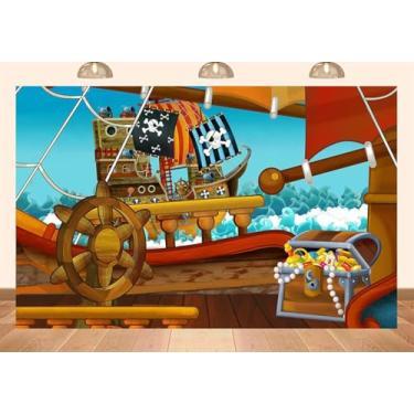 Imagem de PEKRU 2,1 x 1,5 m tecido decoração navio pirata pano de fundo leme de madeira e baú do tesouro tema aventura mar festa aniversário fotografia pano de fundo para dormitório quarto parede banner