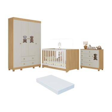 Imagem de Quarto de Bebê Completo Berço Americano 3 em 1 Colchão Fofura Multimóveis Mp4661 Madeirado/off White