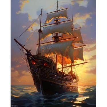 Imagem de XTXGERL Pintura DIY por números para adultos iniciantes, navio pirata divertido, kit de pintura por números para adultos, 40,6 cm x 50,8 cm, vibrante