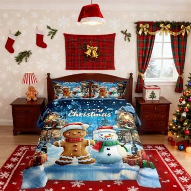 Imagem de Conjunto de edredom masculino de gengibre, tamanho Queen, boneco de neve fofo Feliz Natal, decoração de quarto de meninas, meninos, floco de neve, edredom de poinsétia de Natal, conjunto de edredom