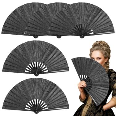 Imagem de 6 leques dobráveis pretos com padrão de estrela de glitter dourado, fãs de desempenho de som Clack para dança, shows e decorações de casa