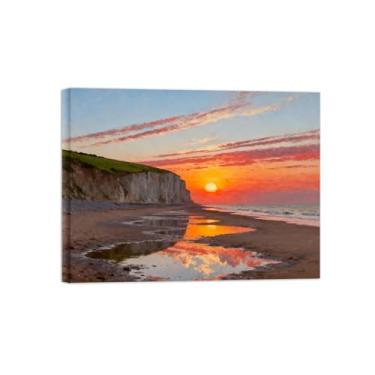 Imagem de Quadro em tela paisagem sol praia nuvens mar Arte parede costeira para sala de estar Pintura paisagem pronta para pendurar 30x40cm12x16in