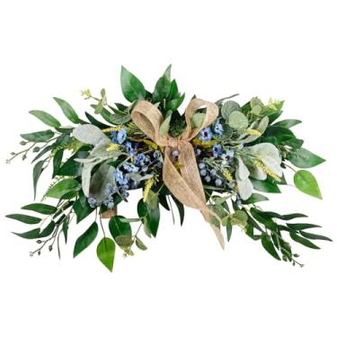 Imagem de Guirlanda de vegetação com flores de seda e fita amarela, decoração de parede para casa, casamentos, sessões de fotos, mede 19,7 x 33 cm (50 x 33 cm)