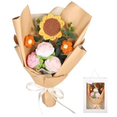 Imagem de Presente com acabamento eterno, buquê de flores em crochê, girassol feito à mão com rosas, flores artificiais decoração perfeita para casa, presente dia das mães