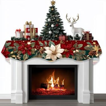 Imagem de BVBOX Lenço de lareira de lareira de Natal, capa decorativa de Natal, decoração de corredor para Natal, Natal, inverno, cornija (poinsétia de borda dourada, 152 cm C x 43 cm L)