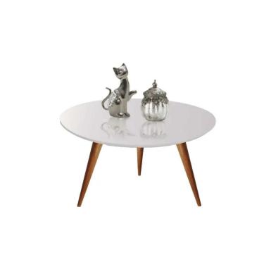 Imagem de Mesa De Centro Redonda Laqueada Com Vidro Colado Pé Palito 60cm Off White