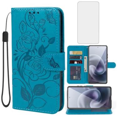 Imagem de Vavies Capa para Moto G86 5G Capa/Moto G86 Power Wallet Capas com protetor de tela de vidro temperado, flor couro flip porta-cartão de crédito suporte capa para celular para Motorola Moto G86 5G azul