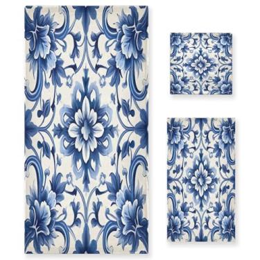 Imagem de Blueangle Conjunto de toalhas Azuis Vintage Azuis - 3 Peças de Toalhas de Banheiro Absorventes Macias para Spa e Decoração de Casa (Inclui Banheira, Toalha de Mão e Toalha) #280