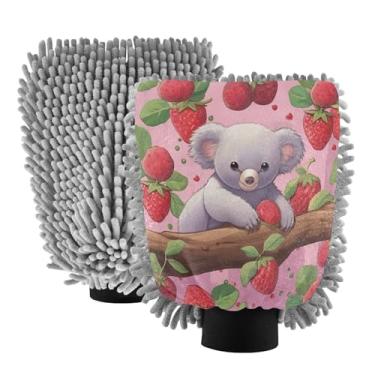 Imagem de Blueangle Pacote com 2 luvas pequenas para lavagem de carro Koala Morangos - Luvas de microfibra de chenille para lavagem de carro sem arranhões e limpeza doméstica, luva de detalhes automáticos (788)