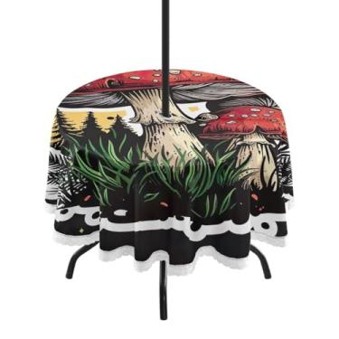 Imagem de Blueangle Toalha de mesa redonda de cogumelo vermelho impermeável de 152 cm com orifício para guarda-chuva - Tecido resistente à prova de sol para todos os climas para pátio, acampamento, piquenique