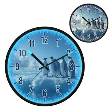 Imagem de Relógio de parede LED que brilha no escuro e ativado por voz, design silencioso de pinguins azuis de 30,5 cm, operado por bateria para decoração de quarto e sala de estar (485)