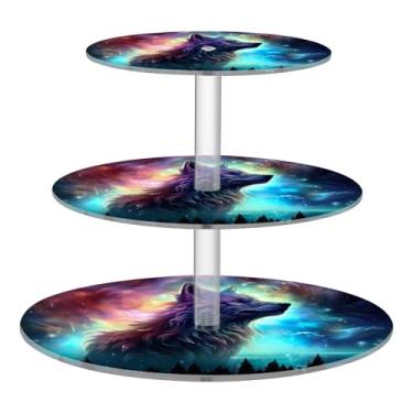 Imagem de Blueangle Suporte redondo de cupcake de 3 camadas – Torre de sobremesa de acrílico Aurora Boreal Lobo, suporte de sobremesa em camadas antiderrapante para chá de bebê, aniversário, festa de casamento