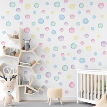 Imagem de Adesivos de parede de flores em aquarela, rosa, folhas verdes, círculos coloridos, margarida, bolhas coloridas descascar e colar, decalques decorativos para quarto de bebê, quarto de meninas (bolhas
