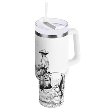 Imagem de STAYTOP Copo de cowboy norte-americano de 1,134 g com tampa e palha, copo isolado de aço inoxidável durável à prova de vazamento com alça, garrafas de água à prova de derramamento para viagens