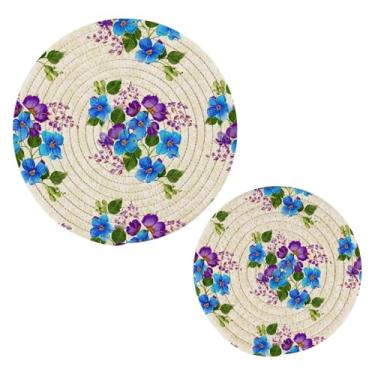 Imagem de Wassud Trivet de flores azuis delicadas para pratos quentes, suportes redondos de algodão, almofadas quentes, porta-copos elegantes, decoração de cozinha e acessórios, 2 peças
