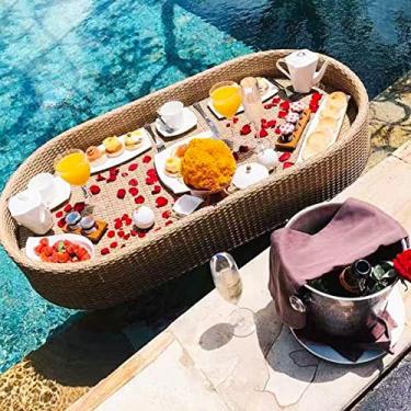Imagem de Bandeja flutuante para piscina, mesa de bilhar flutuante, suporte de bebida flutuante para piscina, barra flutuante para piscina, bandeja de café da manhã de vime na água, bandeja de servir flutuante