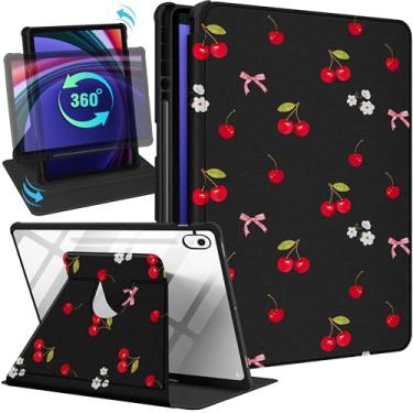 Imagem de Uppuppy Capa inteligente para Samsung Galaxy Tab S9/S9 FE/S10/S10 FE/S10 Lite de 11 polegadas - suporte giratório de 360 graus com suporte para lápis para mulheres e meninas, cereja e laço para