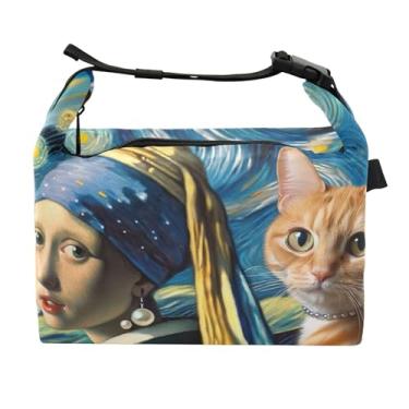 Imagem de TSENQUE Lancheira divertida de gato estrelado para mulheres, lancheira reutilizável, lancheira para trabalho, linda bolsa térmica para adultos