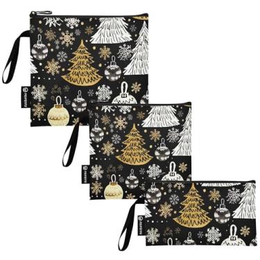 Imagem de Aquarela dourada árvore de Natal preta reutilizável sacos de lanche e bolsa sanduíche bolsa de armazenamento de alimentos lavável com zíper para escola, viagem, trabalho escritório (pacote com 3: P/M