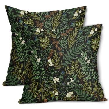 Imagem de aportt Capas de almofada de planta verde sálvia 50 x 50 cm botânica folhas de samambaia decorativas primavera verão vintage floral preto conjunto de 2 almofadas de casa de fazenda para sofá de quarto