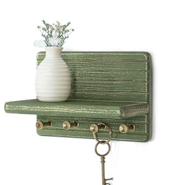 Imagem de Rebee Vision Suporte de parede para chave de madeira de pinheiro – Porta-chaves decorativo de 18 cm para parede com prateleira de madeira e ganchos – Decoração de quarto, estética perfeita para várias