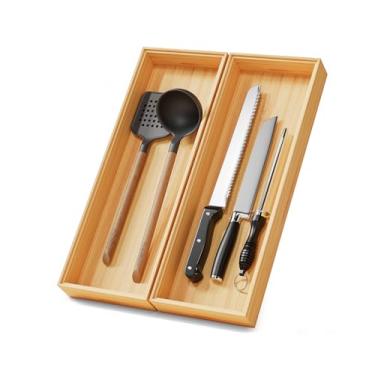 Imagem de Organizador de gaveta longo, divisor de gaveta de utensílios de prata de bambu, caixa de armazenamento empilhável de madeira para cozinha, sala de estar, escritório, 43 x 15 x 5 cm (conjunto com 2)