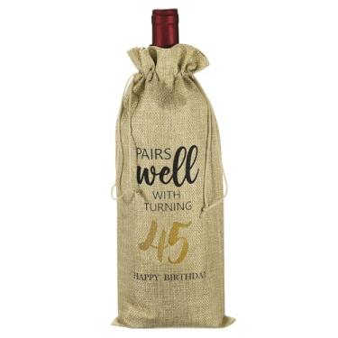 Imagem de PATIKIL Saco de garrafa de vinho para presente de aniversário de 45 anos de 15 x 35 cm, 1 pacote reutilizável para decoração de vinho com cordão para festas de chá de amigos, bege