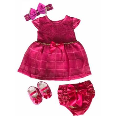 Imagem de Kit Vestido Calcinha Sapatinho Laço Roupa Bebe 0-6 meses 4pc - Lala Lu