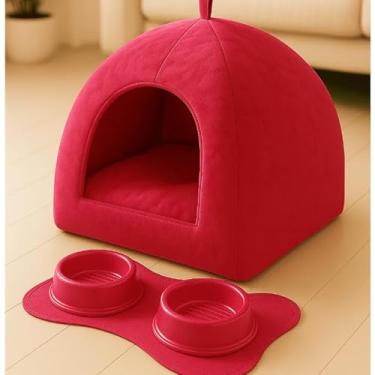 Imagem de Cama Cabana Pet 2 em 1 Impermeável Lavável para Cachorro e Gato Tenda(Suede Rosa + Tapete Comedouro,P)