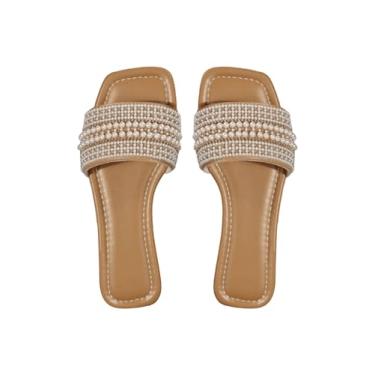 Imagem de Verdusa Sandálias femininas Boho Pérolas Quadradas Abertas Chinelos de Couro PU Roupas de Férias, Caqui, 36