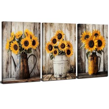 Imagem de Arte de parede de girassol rústico imagens de girassol decoração de parede cozinha casa de fazenda flores vintage impressões em tela para sala de jantar país pinturas de flores silvestres arte arte