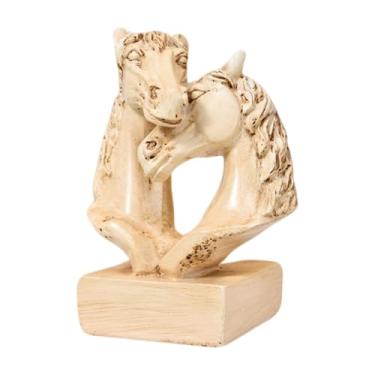 Imagem de Fenteer Estatueta de mesa com cabeça dupla de cavalo, símbolo da bênção nórdica, escultura de cavalo para decoração de sala de estar e quarto, Cor de Madeira