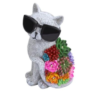Imagem de SUNGOOYUE Estátua de Gato Solar Ao Ar Livre, Decoração de Jardim Com Iluminação LED Escultura de Gato Movida a Energia Solar Com Planta Suculenta para Caminho de Pátio de Quintal e