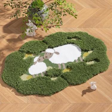 Imagem de Phantoscope Tapete de Feliz Páscoa, Tapete de Área em Forma de Flor com Ovelhas, Tapete de Microfibra Macia Antiderrapante Tapete de Pelúcia de Cordeiro Pequeno para Sala de Estar Quarto, Verde, 65 x