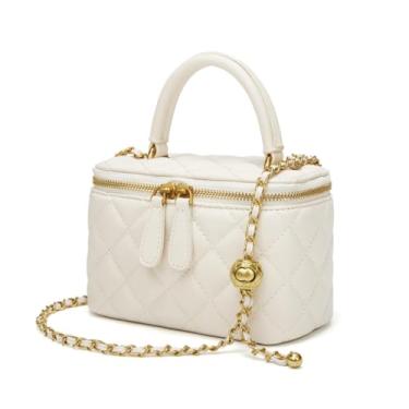 Imagem de XinYiQu Bolsa feminina de couro pequena acolchoada bolsa tiracolo bolsa tiracolo alça de corrente mini bolsa de mão com alça superior, Bege