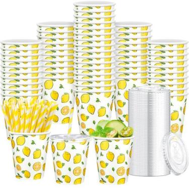 Imagem de Copos de limonada descartáveis de 9 onças com tampas e canudos de pape