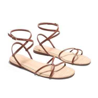 Imagem de Coutgo Sandálias rasteiras femininas com tiras abertas e tiras cruzadas com cadarço e tira no tornozelo, sapatos de praia elegantes para o verão, Marrom, 35