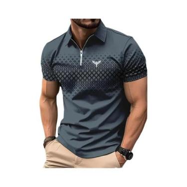 Imagem de Camisa Polo Masculina Xadrez Com Zíper Casual De Manga Curta Para Prim