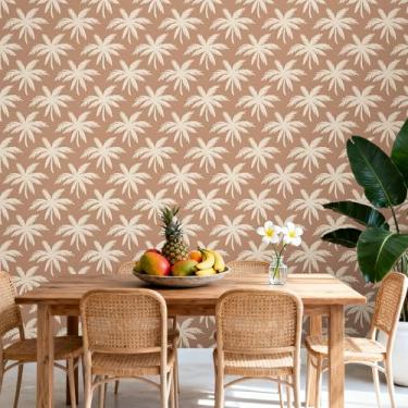 Imagem de ICOOP Papel de parede tropical de terracota para descascar e colar papel de parede boho 43 cm × 696 cm, palmeira, papel de contato costeiro para armários, prateleiras, marrom, laranja, retrô, praia