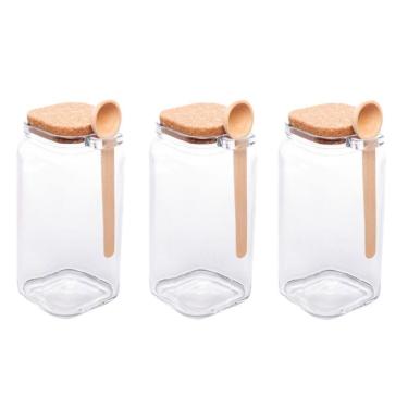 Imagem de Kit 3 Porta Temperos Quadrado 1,15 L Vidro Com Colher De Bambu E Tampa Rolha Lyor