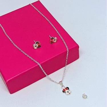 Imagem de Kit Conjunto Colar e Brincos Antialérgico Infantil Meninas com Pingente Minnie ou Mickey Disney Kids Folheado a Prata