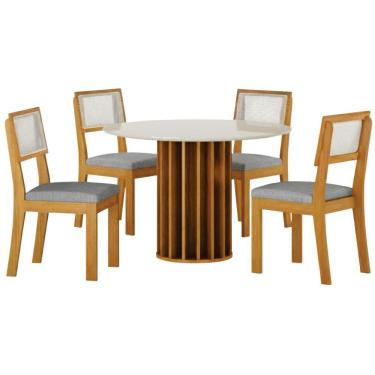 Imagem de Conjunto Sala De Jantar Flora Off White Cinamomo 4 Cadeiras Linho Cinza Base Em Madeira 1,08 M Leifer Móveis