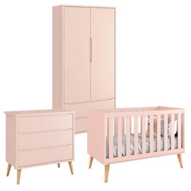 Imagem de Quarto De Bebê Theo 2 Portas Rosa Com Pés Madeira Natural - Reller