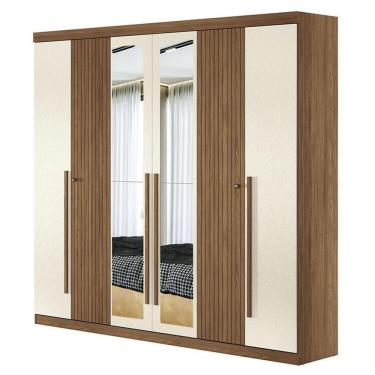 Imagem de Guarda Roupa Casal Ripado 6 Portas Buriti Jatobá Areia Acetinado Com Espelho - Santos Andirá