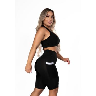 Imagem de Bermuda Biker Fitness com Bolso Branco Academia Cintura Alta Preta-Feminino