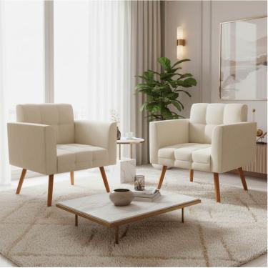 Imagem de Poltrona Sala Decorativa Kit 2 Elisa Pé Palito Castanho Cotelê Ext/Veludo Bege D03 - D'Rossi