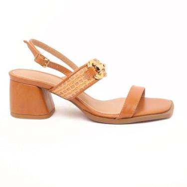 Imagem de Sandália Sapato da Corte Salto Bloco Médio Tira Ráfia Fivela, S carame